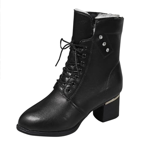 Leder Stiefeletten Damen Mit Absatz - Retro Kurzstiefel Übergangsstiefel Blockabsatz Halbhoch Damenstiefel Pu Lederstifel Warme Winterstiefel Übergangsstiefel Schnürer Ankle Boots Knöchelstiefel von Generisch