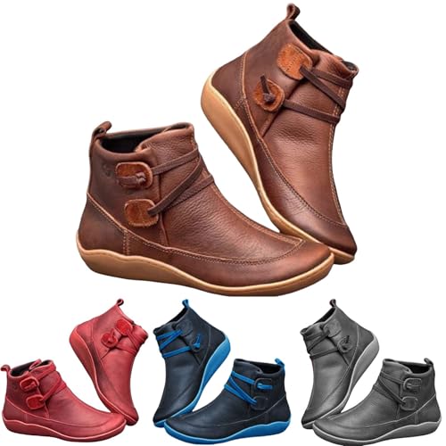 Leder Stiefeletten Damen Vintage Lederschuhe Damen Hoch Walkingschuhe Bequeme Schlupfschuhe Flache Sohle Komfortschuhe Einfarbig Stiefeletten Leicht Schlupfschuhe Weich Lederstiefel von Generisch