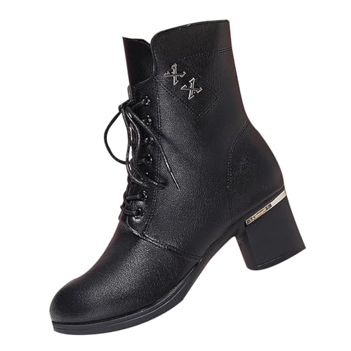 Leder Stiefeletten Damen mit Absatz - Retro Kurzstiefel Übergangsstiefel Blockabsatz Halbhoch Damenstiefel Lederstifel Klassisch & Modisch Schnürstiefeletten Mit Seitlichem Reißverschluss von Generisch