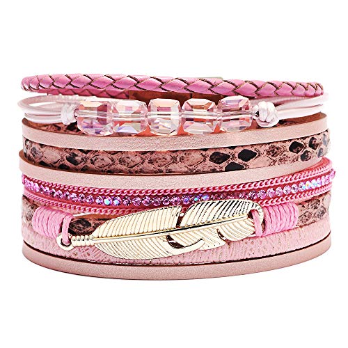 Lederarmband Damen, Handgewebtes Mehrschichtiges Modisches Lederarmband Mit Magnetischer Schnalle Und Federn, Energieschmuck Für Männer Und Frauen, Grau von Generisch