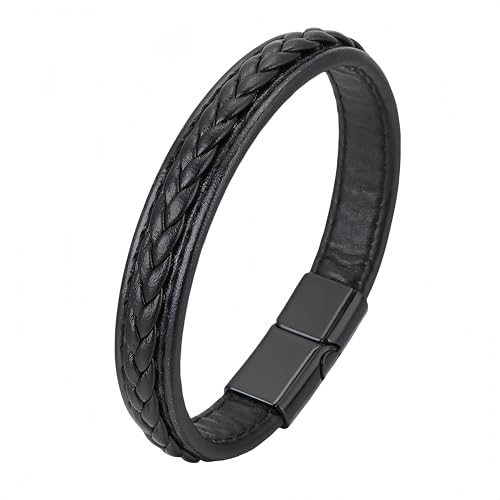 Lederarmband Männer,Klassisches Handgefertigtes Geflochtenes Manschettenarmband Für Herren, Magnetverschluss, Seil, Schmuck, Personalisiertes Echtleder, Geschenk Für Männer Und Frauen, Schwarz 2 von Generisch