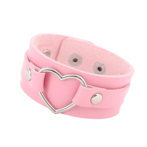 Lederarmband Männer,Paar-Lederarmbänder Herz Breite Armbänder Unisex mit Druckknopf Verstellbar Punkrock Gothic Wickelarmband Armreif für Damen und Herren Schmuck Geschenk Rosa von Generisch