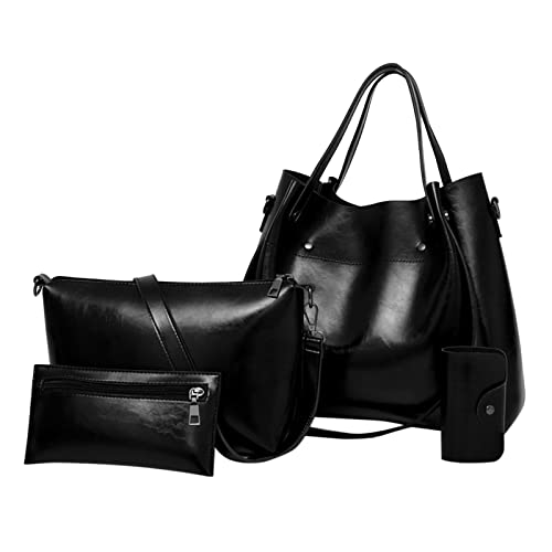 Lederhandtasche Ledertasche Damen Schwarz Dunkelblaue Handtasche Umhängetasche Groß Damen Casual Reto Fashionleder Handtasche 4 Teiliges Set Umhängetasche Shopper Geldbörse von Generisch