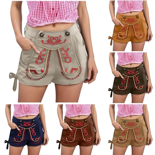 Lederhose Damen Tracht, Trachtenhose Damen Kurz Trachten Shorts mit Taschen für Oktoberfest Karneval Besondere Anlässe Trachtenlederhose Kurze Hosen Moderne Bayrische Bierfest Hotpants von Generisch