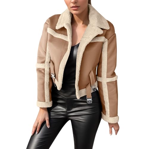 Lederimitat Jacke Damen Gefüttert Warm Lederjacke Damen Winter Innenfutter Winterjacke Frauen Vintage Fellkragen Lederjacke Innen Mit Fell Fleece Motorrad Jacke Reißverschluss von Generisch