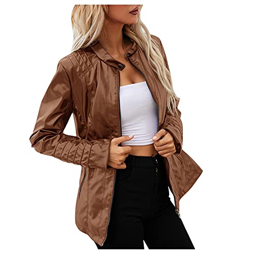 Lederimitat Jacke Damen Günstig Schwarz Echtleder Herbst Bikerjacke Lederjacke Winter mit Gürtel Lang Oversize Damen-Jacken Leather Jacket Vintage Elegant Kunstlederjacke College Jacke von Generisch