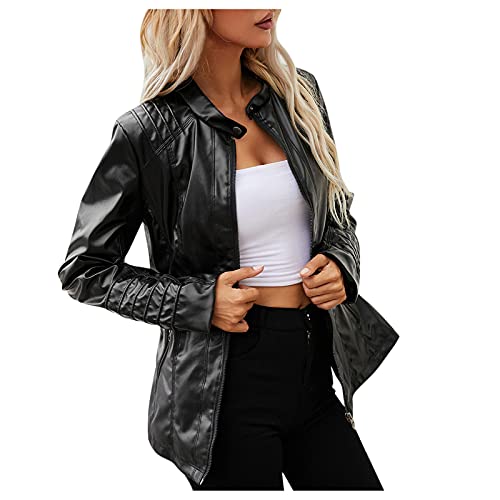 Lederimitat Jacke Damen Günstig Schwarz Echtleder Herbst Bikerjacke Lederjacke Winter mit Gürtel Lang Oversize Damen-Jacken Leather Jacket Vintage Elegant Kunstlederjacke College Jacke von Generisch