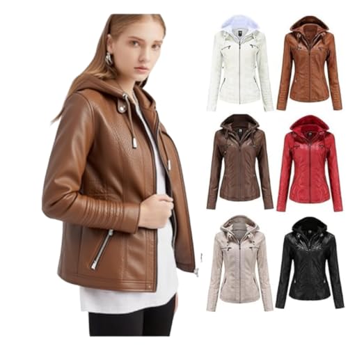 Lederjacke Damen, Lederjacke Damen Herbst Übergangsjacke Kunstleder Jacke mit Kapuzen Große Größen Kapuzenjacke Langarm Motorrad Jacken Herbstjacke Slim Fit Hoodie Mantel Streetwear mit Reißversch von Generisch
