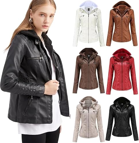 Lederjacke Damen Echtleder, Lederjacke Damen Herbst Übergangsjacke Kunstleder Jacke mit Kapuzen Große Größen Kapuzenjacke Langarm Motorrad Jacken Herbstjacke Slim Fit Hoodie Mantel Streetwear mit Reiß von Generisch
