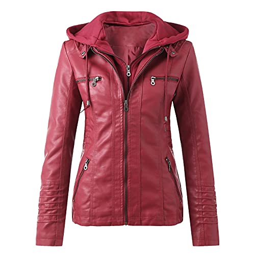Lederjacke Damen Kunstleder Jacke Damen Lederjacke mit Kapuzen Große Größen Herbst Winter Langarm Motorrad Jacke Winterjacke Slim Fit Hoodie Mantel Streetwear mit Reißverschluss Tasche von Generisch