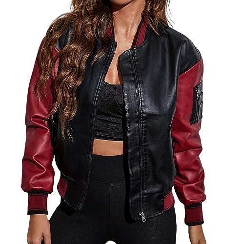 Lederjacke Damen Kurz Für Herbst Reißverschluss Oversize Vegan Kunstleder Pilotenjacke Kunstlederjacke Große Größen Ausgefallene Bikerjacke Schwarz Mode Rot Jeansjacke Dünne Echtleder Elegant von Generisch