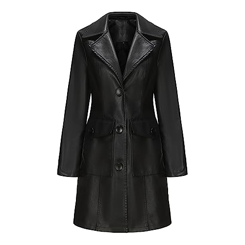 Lederjacke Damen Lang Ledermantel Damen Einfarbige Winterjacke Button Revers Langarm Windjacke große Größen Windbreaker Winter Casual Übergangsjacke Motorradjacke Britischer Mantel Oberbekleidung von Generisch