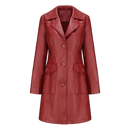 Lederjacke Damen Lang Ledermantel Damen Einfarbige Winterjacke Button Revers Langarm Windjacke große Größen Windbreaker Winter Casual Übergangsjacke Motorradjacke Britischer Mantel Oberbekleidung von Generisch