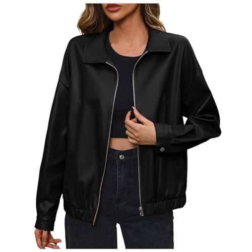 Lederjacke Damen Oversize, Bikerjacke Damen Bomberjacke Lederimitat Jacke Oversize Fliegerjacke Schwarze Pilotenjacke Kunstlederjacke Blouson Jacke Baseball Jacke von Generisch