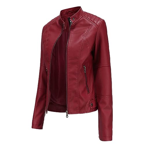 Lederjacke Damen Rote Kunstlederjacke Motorradjacke Jacke Winterjacke Rot von Generisch
