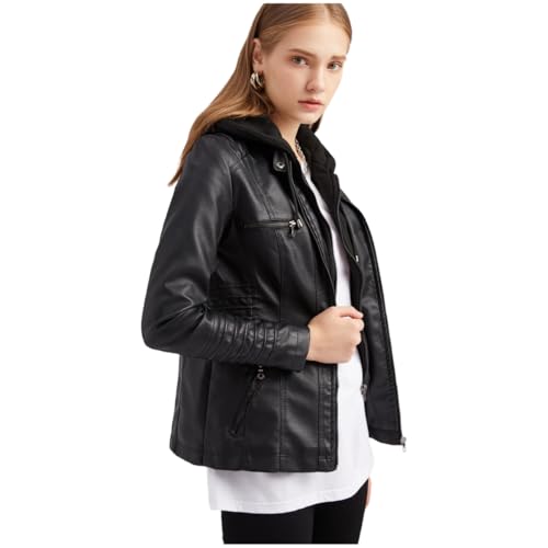 Lederjacke Damen Schwarz Mantel Damen Fruehling, Kapuzen Kunstleder Lederjacke Frauen Jacke mit Reißverschluss Motorradjacke Bikerjacke Kapuzenjacke Übergangsjacke Ladies Oberbekleidung von Generisch