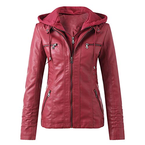 Lederjacke Damen Schwarz Mantel Damen Fruehling, Kapuzen Kunstleder Lederjacke Frauen Jacke mit Reißverschluss Motorradjacke Bikerjacke Kapuzenjacke Übergangsjacke Ladies Oberbekleidung von Generisch