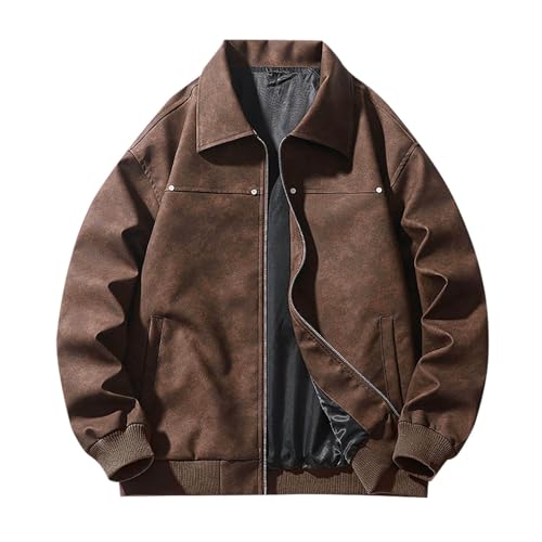 Lederjacke Herren Vintage Bomberjacke Revers Winterjacke Einfarbig Motorradjacke Zipped Blouson Jacke Lightweight Streetwear Warme Freizeitjacke Übergangsjacke Loose Fit Amerikanischer Stil M-4XL von Generisch