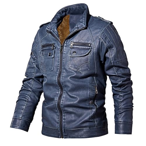 Lederjacke Herren Vintage Retro, Bomberjacke Mit Full Zip Und Taschen Motorradjacke Steampunk Übergangsjacke Große Größen Stehkragen Fliegerjacke Einfarbig Vielseitiger Fahrradjacke von Generisch