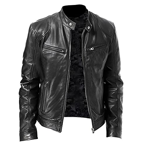 Lederjacke Herren Vintage Winter Revers Echtleder Leather Jacket Men Leder Leicht Reißverschluss Komfortabel Kunstleder Steppjacke Schwarz Kunstleder-Jacke Warm Halten Bomberjacke Slim von Generisch