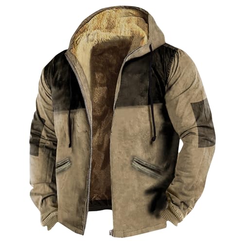 Lederjacke Herren Winterjacke Warm Gefüttert Fleece Winterparka Winddicht Outdoor Übergangsjacke Mit Kapuze Fleecejacke Blouson Atmungsaktiv Kapuzenjacke Moorhead Jacket (6XL, Khaki) von Generisch