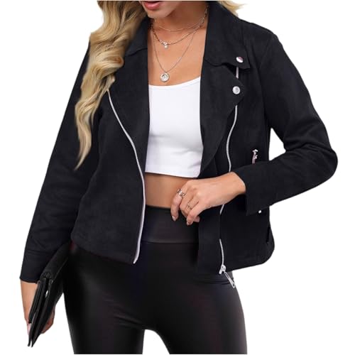 Wildlederjacke Kunstleder Bikerjacke Motorradjacke Wildlederjacke Damen Übergangsjacke Bomberjacke Dünne übergangsjacken College Jacke Frühling Suede Jacket Sportlich Elegante Jacke Rockiges Outfit von Generisch