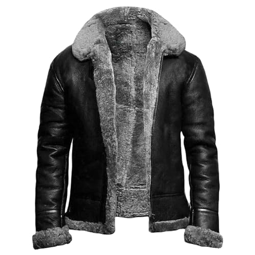 Lederjacke Mit Fellkragen Herren, Fleecejacke Pu Leder Wasserdicht Winterjacke Große Größen Warme Übergangsjacke Classic Vintage Bomberjacke Reißverschluss Revers Arbeitsjacke Für Outdoor von Generisch