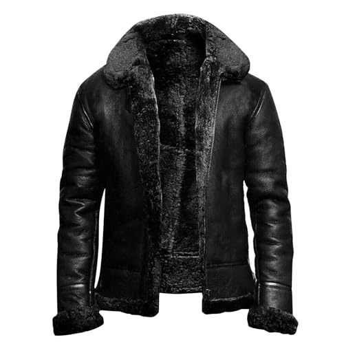 Lederjacke Mit Fellkragen Herren, Fleecejacke Pu Leder Wasserdicht Winterjacke Große Größen Warme Übergangsjacke Classic Vintage Bomberjacke Reißverschluss Revers Arbeitsjacke Für Outdoor von Generisch