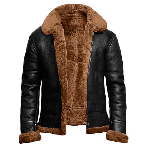 Lederjacke Mit Fellkragen Herren, Fleecejacke Pu Leder Wasserdicht Winterjacke Große Größen Warme Übergangsjacke Classic Vintage Bomberjacke Reißverschluss Revers Arbeitsjacke Für Outdoor von Generisch