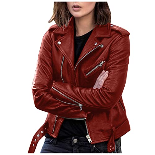 Lederjacken Für Damen: Schwarz Echtleder Herbst mit Gürtel Bikerjacke Kunstlederjacke Oversize Elegant Winter Vintage Leather Jacket Lederjacke Günstig Lang Damen-Jacken Ledermantel von Generisch