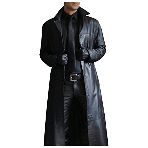 Ledermantel Herren Lang Schwarz Männer Solide Trenchcoat Slim Mantel Kunstleder Personalisiert Leder Jacket Cosplay Kostüm Distressed Herrenmantel Windjacke Aus Kunstleder Winterjacke von Generisch