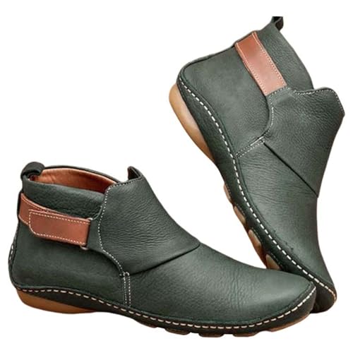 Lederschuhe Damen PU Leder Stiefeletten Vintage Kurzschaft Stiefel Ankle Boots Runde Zehe Flach Damenstiefel Lederstiefeletten mit niedrigem Absatz Klassisch & Modisch Übergangsstiefe von Generisch