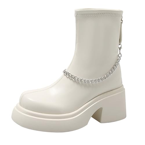 Lederstiefel Damen Gefüttert Elegant Mit Absatz - Runde Zehe Halbstiefel Schwarz Motorrad Stiefel Plateau Kurzstiefel - Mode Weiß Kunstleder Schuhe Trekkingschuhe Winterstiefel Kurzschaft Stiefel von Generisch