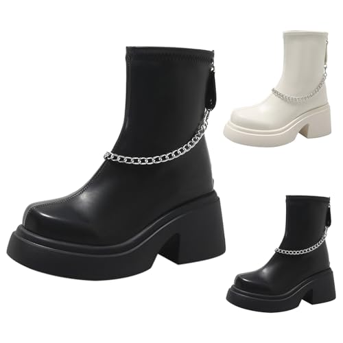 Lederstiefel Damen Gefüttert Elegant Mit Absatz: Runde Zehe Halbstiefel Schwarz Motorrad Stiefel Plateau Kurzstiefel, Mode Kunstleder Schuhe Trekkingschuhe Winterstiefel Kurzschaft Stiefel von Generisch