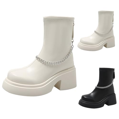 Lederstiefel Damen Gefüttert Elegant Mit Absatz: Runde Zehe Halbstiefel Schwarz Motorrad Stiefel Plateau Kurzstiefel, Mode Kunstleder Schuhe Trekkingschuhe Winterstiefel Kurzschaft Stiefel von Generisch