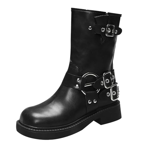 Lederstiefel Herren Winterstiefel PU Leder Biker Stiefel mit Blockabsatz Mittlerer Wade Reitstiefel Retro Western Cowboy Stiefel Gürtel Schnalle Motro Stiefel Mode Ritterstiefel von Generisch