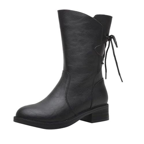 Lederstiefelette Damen, Leder Stiefeletten Damen mit Absatz, Seitlichem Reißverschluss Damenstiefel Runde Zehe Halbstiefel Schnüren Winterstiefel Halbschaft Winterboots Mid Calf Arbeitsstiefel von Generisch