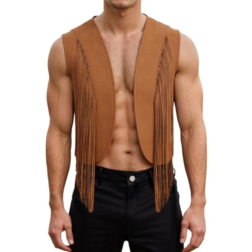 Lederweste Herren Faux Wildleder Fransenweste Cowboy-Weste mit Quasten Ärmellos Cardigan Jacke mit Fransen Retro Hippie-Kostüme Western Kurze Fransenjacken Bolero Karneval Faschingskostüme von Generisch
