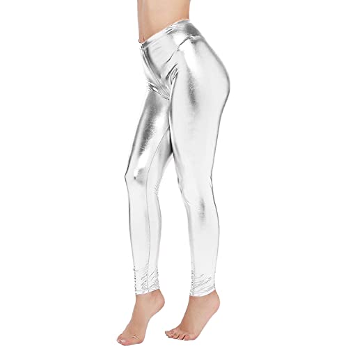 Leggings Silber Metallic Damen,Glitzer Leggings Damen,Glänzende Hose 80er mit Hoher Taille Shiny Leggings Party Tanz Disco Kostüm Karneval Space Kostüm Metallischer Hosen Silber Goldene Leggins von Generisch