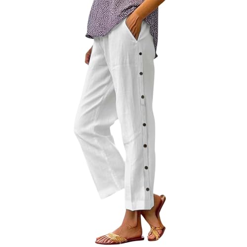 Leicht Und Luftig,Damen Leicht Luftig Sommerhose Elegant Stoffhose Musselin Hose Baumwolle Leinenhose Einfarbig Freizeithose Stretch Straight Leg Hose Bequeme Weite Palazzo mit Taschen Weiss XXL von Generisch