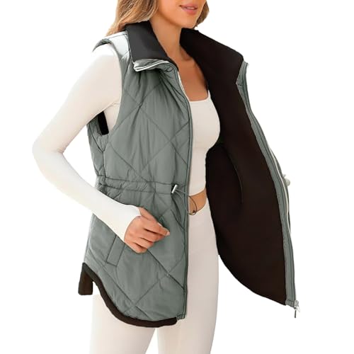 Leicht Warm Daunenmantel Damen Lang Winter Revers Fleeceweste Einfarbig Fleece Steppweste Warm Gefütterte Lange Weste Outdoor Winterweste Ärmellos Winterjacke Damenwesten Weste Mit Kordelzug (Grey, L) von Generisch