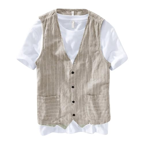 Leichte Arbeitsweste Herren, Funktionsweste Herren Taschen, Waistcoat Leichtgewichts Outdoorweste Gestreift Leinenweste Comfort Fit Ärmellosweste Einreiher Herrenweste Casual Businessweste von Generisch