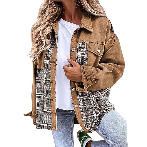 Leichte Damen-Jeansjacke 2023, Herbstmode, langärmelig, Flanell, kariert, Used-Look, Revers, Jeans, Shacket Jacke, klassisch, lässig, Button-Down-Kragen, Arbeitshemden mit Fronttasche, khaki, XXL von Generisch
