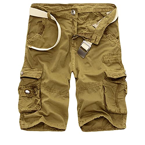Leichte Herren Shorts mit Mehreren Taschen Camo Outdoor Cargo Shorts Entspannter Passform Solide Lässige Kurze Hose aus Baumwolle ohne Gürtel (32,Khaki) von Generisch