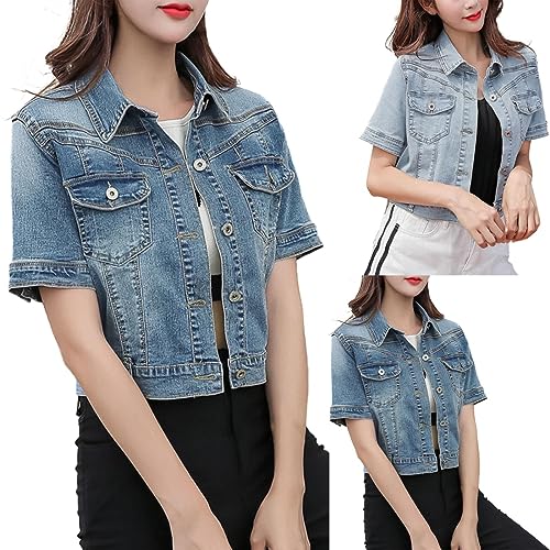 Leichte Jacke Damen Sommer Kurzarm Jeansjacke Dünn Übergangsjacke Oversize Sommerjacke Kurz Denim-Jacket Vintage Frühlingsjacke Revers Stretch Denim-Jacket Streetwear Übergangsmantel von Generisch