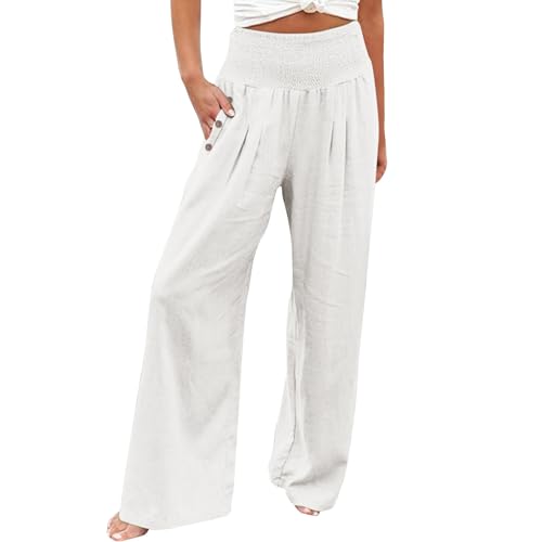 Leichte Sommerhose Damen, Leinenhose Damen Sommer Hose Elastische Gürtel Pants Casual Leinen Leicht Hosen Weites Bein Palazzo Freizeithose Hohe Taille Einfarbig Sommerhose Stoffhose mit Taschen S-3XL von Generisch