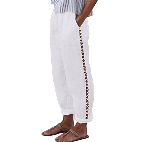 Leichte Sommerhose Damen,Damen Leicht Luftig Sommerhose Elegant Stoffhose Musselin Hose Baumwolle Leinenhose Einfarbig Freizeithose Stretch Straight Leg Hose Bequeme Weite Palazzo mit Taschen Weiss M von Generisch