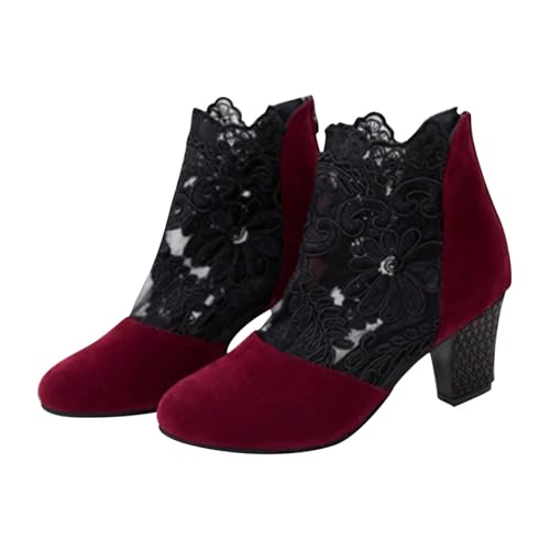 Leichte Spitz Halbstiefel Spitze Damenstiefel - Damen Stiefeletten Elegant - Lace Hohl Kurzstiefel Leoparden Mit Absatz - Bequem Kunstleder Stiefel Westernstiefel Halbstiefel Freizeit Stiefel von Generisch