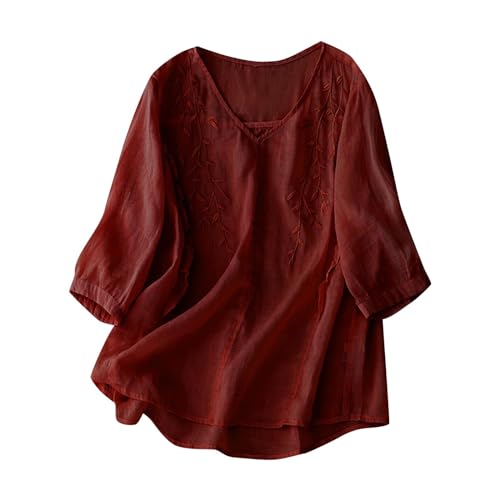 Leinen Bluse Damen Sommer Leinenbluse V-Ausschnitt Leinenhemd Baumwolle Und Leinen Langarmshirts Bestickte Hemden Halbarm Freizeitoberteile Vintage Boho Tops Oversized Oberteil Damen Elegant von Generisch