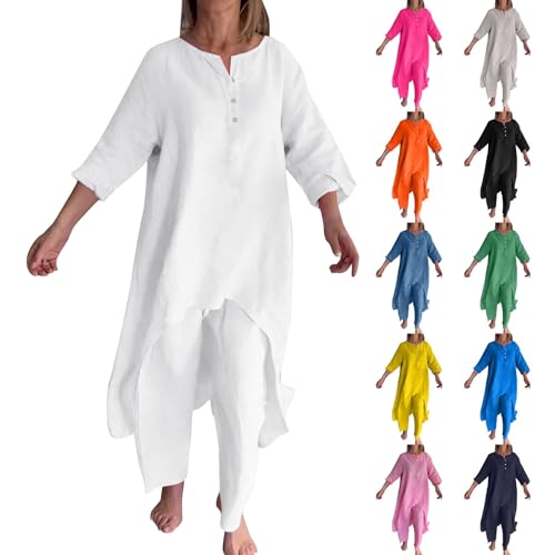 Leinen Damen Sommer Set - Musselin Bluse Damen Oversized Lang Rundhalsausschnitt Mit Knopfdekor Longshirt Tunika Zweiteiler Straight Hosen Leinenhose 2 Teiler Sommer Zweiteiliges Leinen Set Longbluse Leinen Damen Sommer Set - Musselin Bluse Damen Oversized Lang Rundhalsausschnitt Mit Knopfdekor Longshirt Tunika Zweiteiler Straight Hosen Leinenhose 2 Teiler Sommer Zweiteiliges Leinen Set Longbluse von Generisch